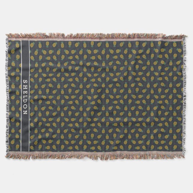 Retro svart guld ananas mönster monogram filt (Framsidan)