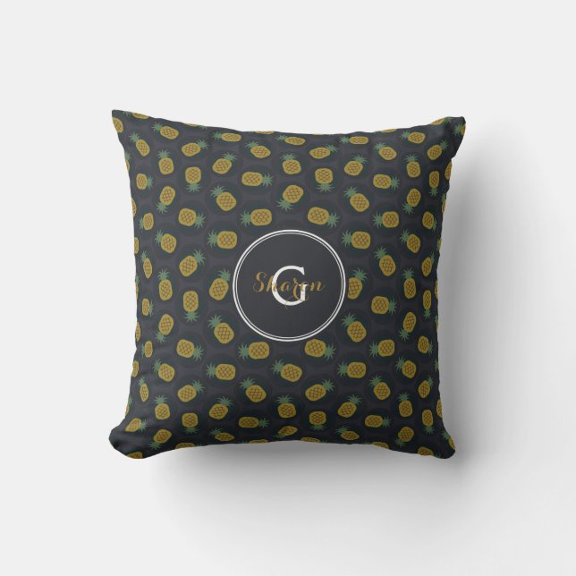 Retro svart guld ananas mönster monogram kudde (Framsida)