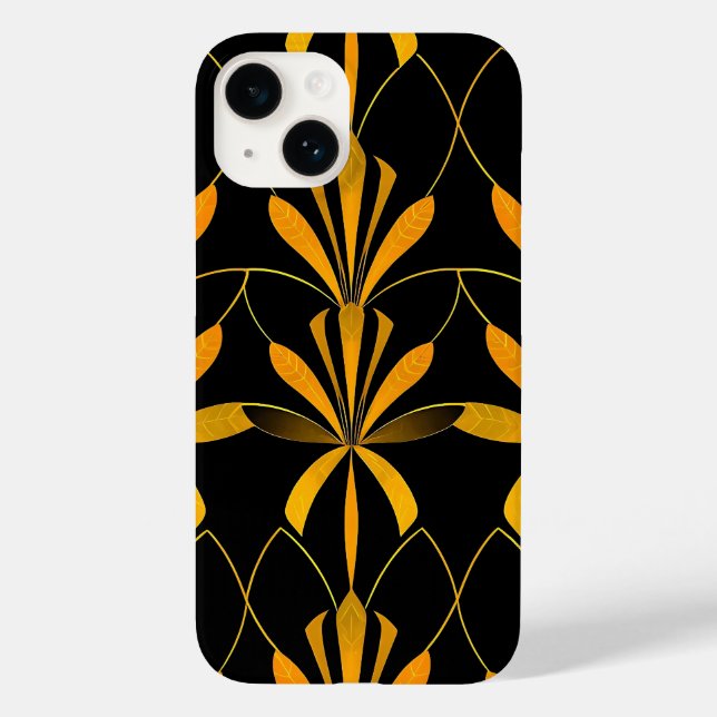 Retro svart guld blommönster iPhone-fodral (Baksida)