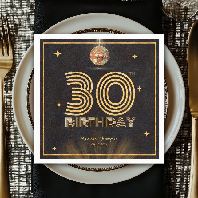 Retro Svart Guld Disco Boll Fests 30-års Födelseda Pappersservett (Skapare uppladdad)
