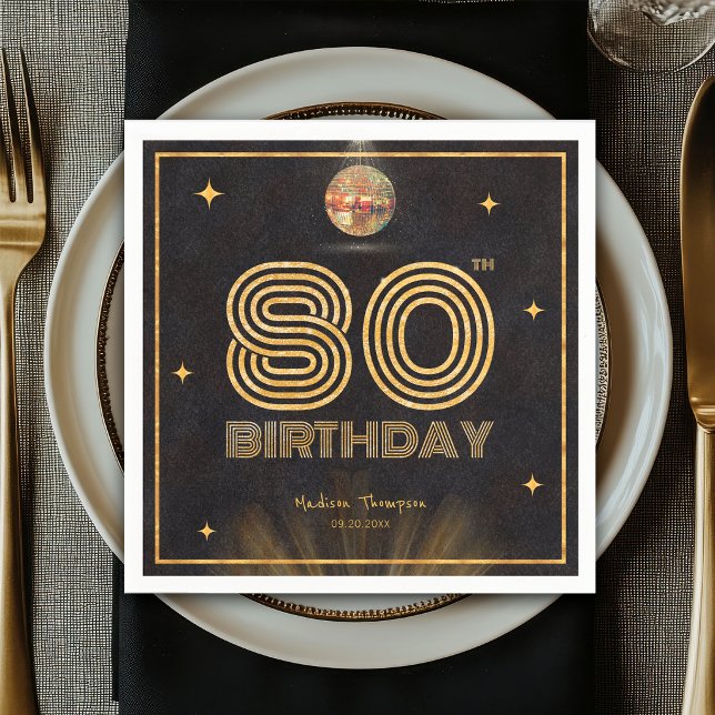 Retro Svart Guld Disco Boll Fests 80-årsdag Pappersservett (Skapare uppladdad)