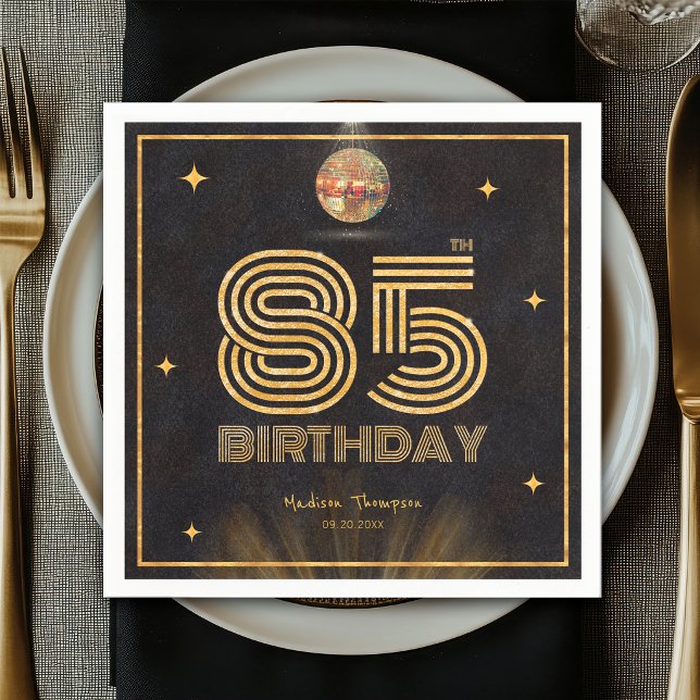 Retro Svart Guld Disco Boll Festsdag 85-årsdag Pappersservett (Skapare uppladdad)