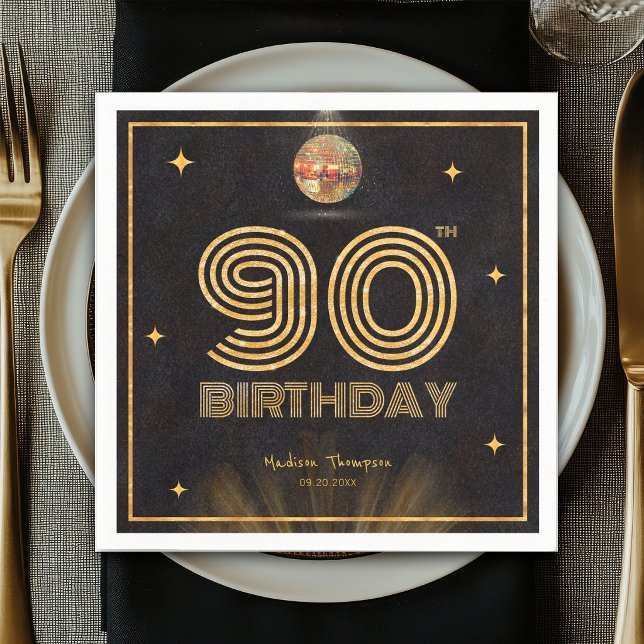 Retro Svart Guld Diskokula Fests 90-årsdag Pappersservett (Skapare uppladdad)