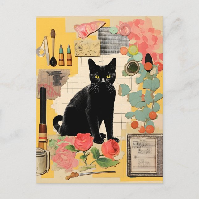 Retro svart katt blomster collage vykort (Framsida)