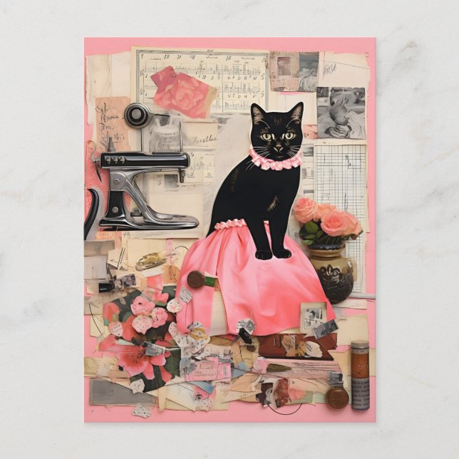 Retro svart katt halsband Collage Vykort (Framsida)