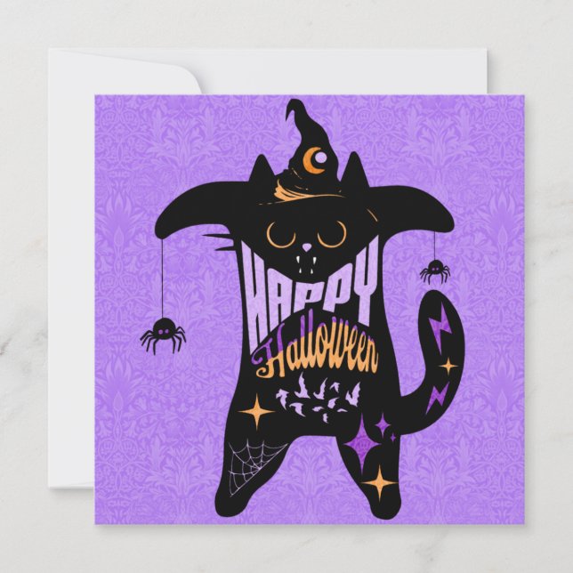 Retro Svart Katt Häxa Roligt Halloween-kort (Framsida)