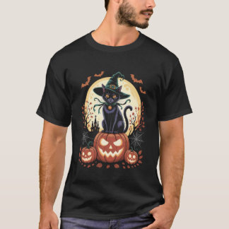 Retro Svart Katt Häxa Skräckinjagande Halloween Pu T Shirt