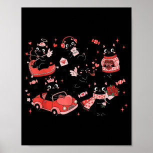 Retro svart katt hjärta Alla hjärtans dag söt katt Poster