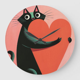 Retro svart katt hjärta pastell midcentury stor klocka