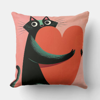 Retro svart katt hjärta pastell rosa dekoration kudde