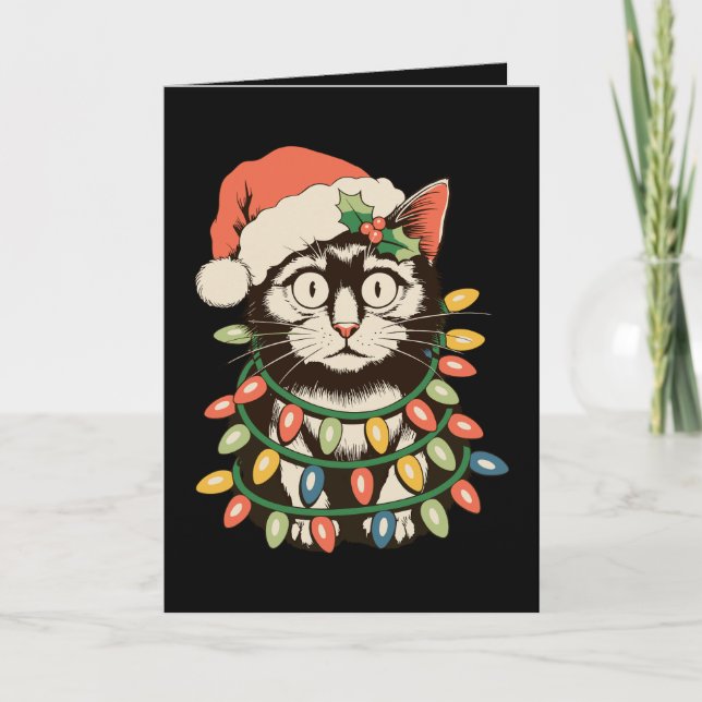 Retro svart katt julbelysning rolig Xmas tomte Helgkort (Framsida)
