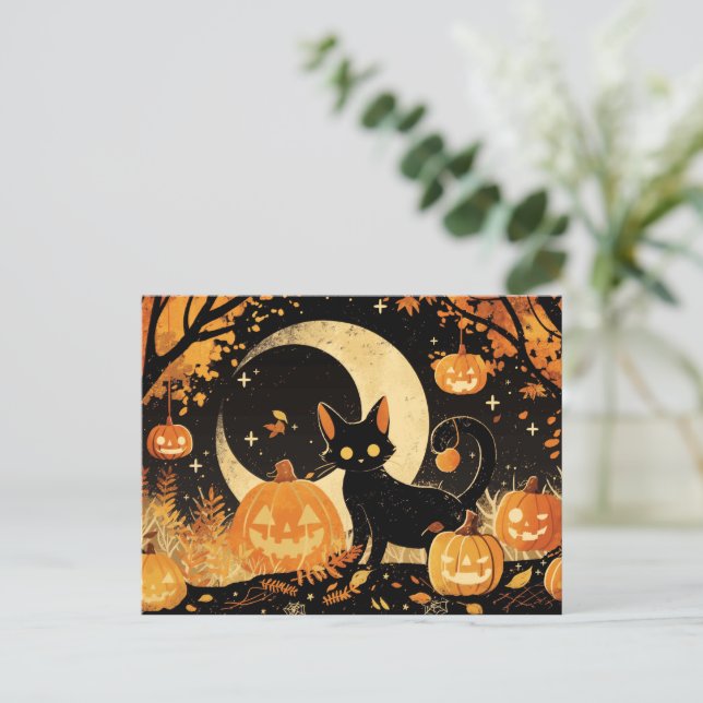 Retro svart katt med Jack-o'-lanternor Helg Vykort (Stående Fram)