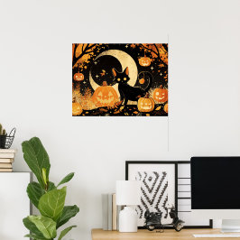 Retro svart katt med Jack-o'-lanternor Poster