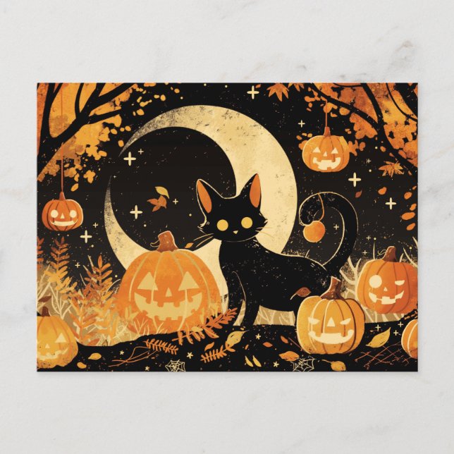 Retro svart katt med Jack-o'-lanternor Vykort (Framsida)