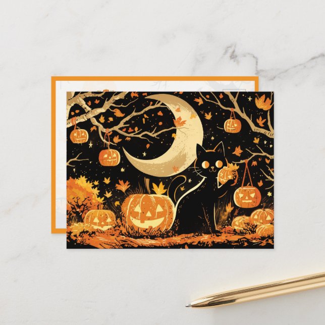 Retro svart katt med Jack-o'-lanterns Vykort (Fram/Back In Situ)