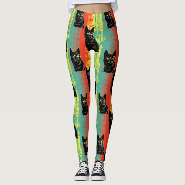 Retro Svart Katt Mönster Leggings (Framsida)