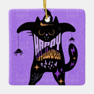 Retro svart katt rolig Halloween Julgransprydnad Keramik