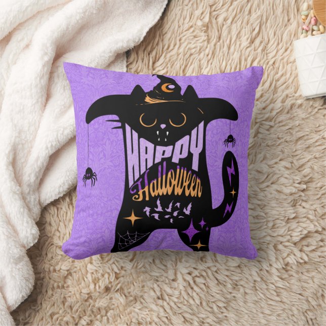 Retro svart katt rolig Halloween Kudde (Filt)