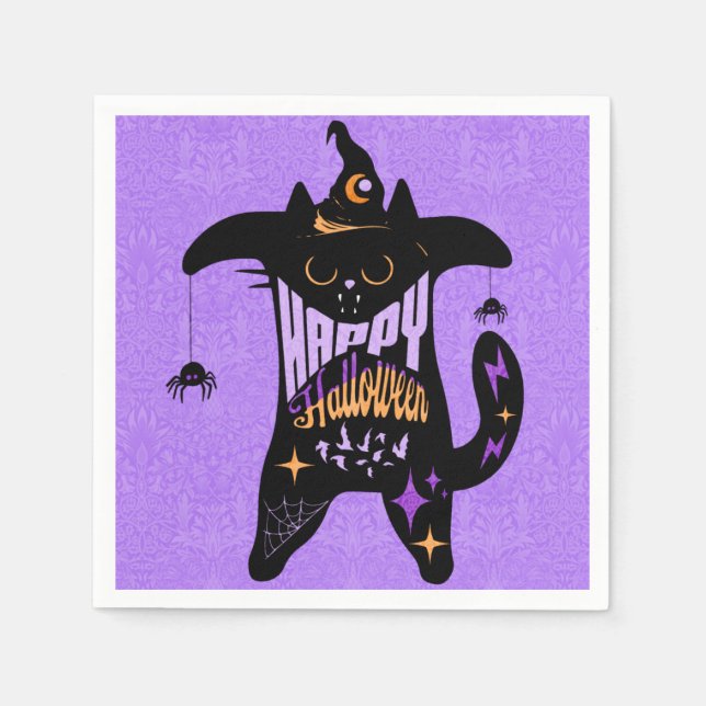 Retro svart katt rolig Halloween  Pappersservett (Framsidan)