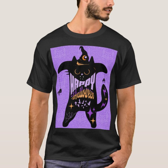 Retro svart katt rolig Halloween T Shirt (Framsida)