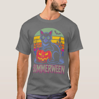 Retro svart katt spöklik söt konst sommarhalloween t shirt