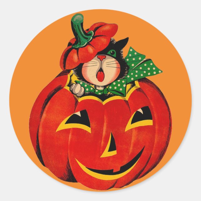 Retro svart kattHalloween klistermärkear Runt Klistermärke (Framsida)