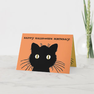 Retro svart kort för katthappy halloweenfödelsedag