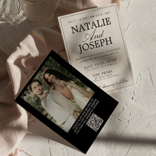 Retro Svart Kräm Gammalt Pengar Foto QR-kod Bröllo Inbjudningar