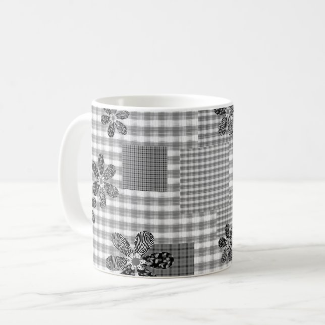 Retro svart och vit lapptäcke rustik mönster kaffemugg (Framsida vänster)
