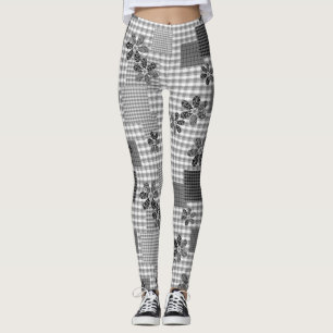 Retro svart och vit lapptäcke rustik mönster leggings
