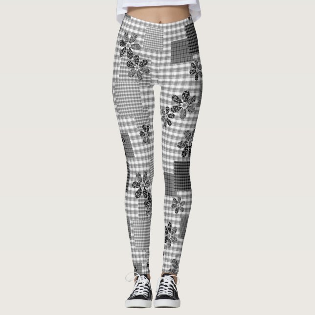 Retro svart och vit lapptäcke rustik mönster leggings (Framsida)