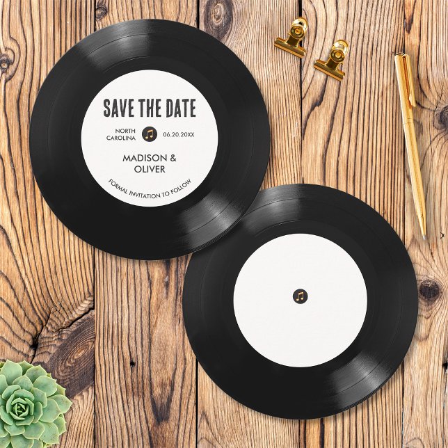 Retro svart och vit vinylskiva Spara datum  Inbjudningar (Front/Back)