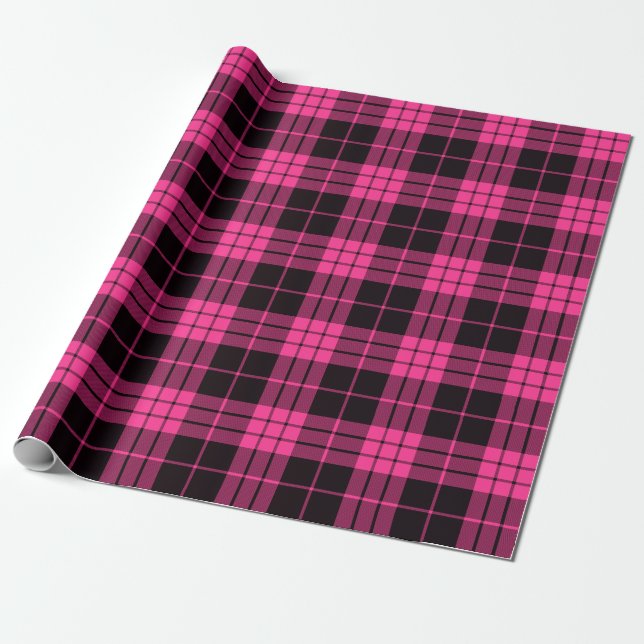 Retro Svart Rosa Jul Nyår Tartan Rutig Presentpapper (Utrullad)