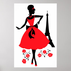 Retro, svart silhuett med Eiffel Torn Poster