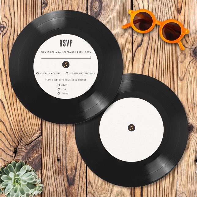 Retro svart & vit vinylskiva bröllops-RSVP-kort Inbjudningar (Front/Back)