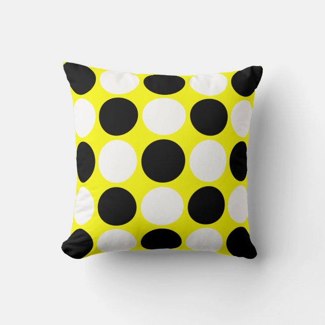 Retro svart- & vitpolka dots på gult kudde (Framsida)