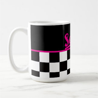 Retro Svart Vitt Neon Rosa 'Serva!' Rutigt Kaffemugg