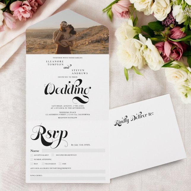 Retro, svart, vitt skript, chasbröllop (Retro photo black white script chic wedding all in one invitation)