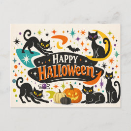 Retro svarta katter Halloween Helg Vykort
