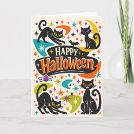 Retro Svarta Katter Halloween Kort