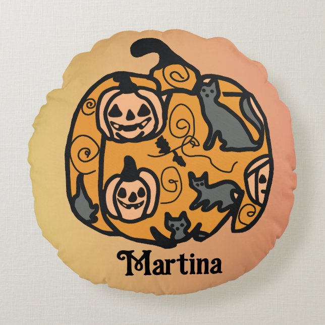 Retro Svarta katter och Pumpkin Dreams Rund Kudde (Framsidan)