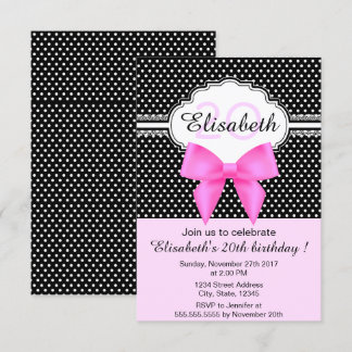 Retro svartvit polka dots rosa girly födelsedag inbjudningar