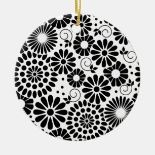Retro svartvita blommor Ornament