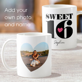 Retro Sweet 16 Birthday Tonåring Namn Photo Heart Kaffemugg