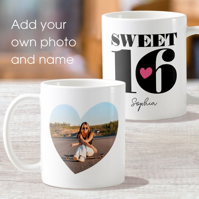 Retro Sweet 16 Birthday Tonåring Namn Photo Heart Kaffemugg (Skapare uppladdad)