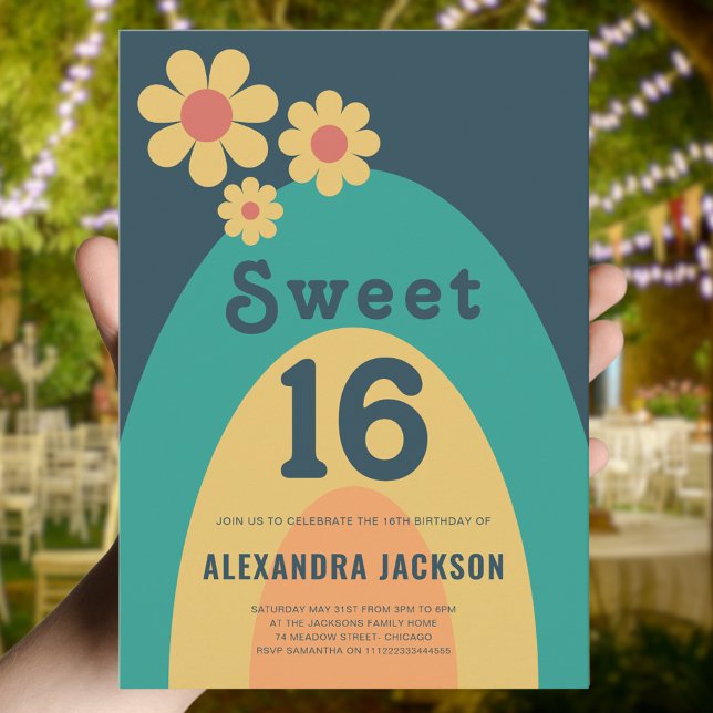 Retro Sweet 16 Födelsedagsfester Inbjudningar (Retro 70s vintage daisy arch groovy 16th birthday party invitation )