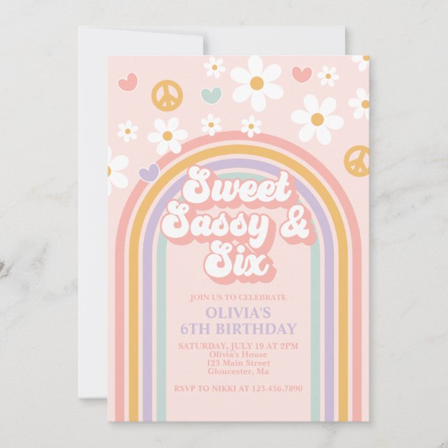 Retro Sweet Sassy Sex Rainbow 6e Birthday Inbjudningar (Framsida)