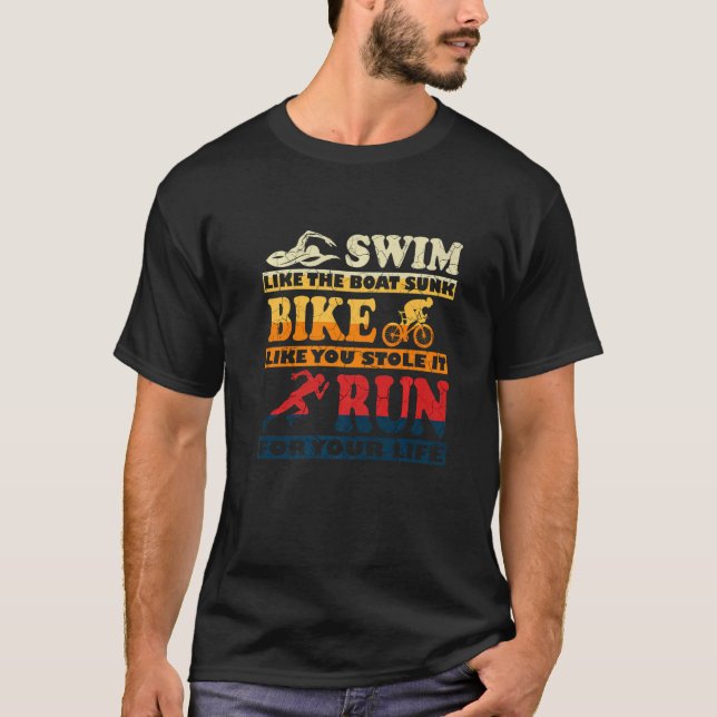 Retro Swim Bike Run Triathlon Athletic Sport Men W T Shirt (Framsida)
