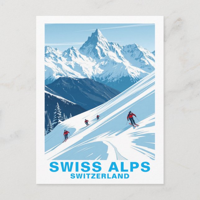 Retro Swiss Alps Skiing, Switzerland Travel Vykort (Framsida)