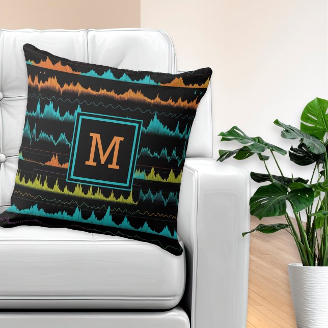 Retro Synthwave Abstrakt Vågformsdesign Kudde (A stylish monogrammed throw pillow with pattern in the style of audio sound waves)
